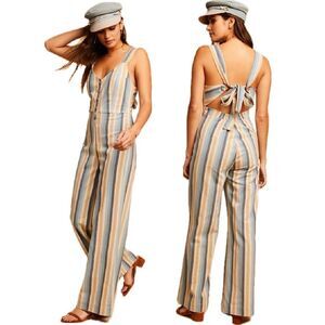 Knot Sisters Cotton/Linen Lana Jumpsuit in Natural Blue Striped Size Medium